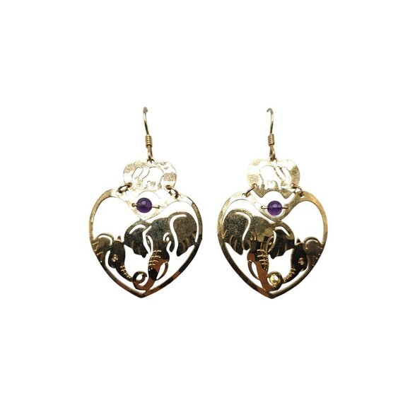 Wild Bryde Gold Plated Elephant Heart Dangle Earrings With Amethyst Beads - Picture 1 of 6